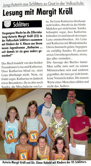 Zeitungsbericht - Lesung von Margit Kröll in der Volksschule in Schlitters
